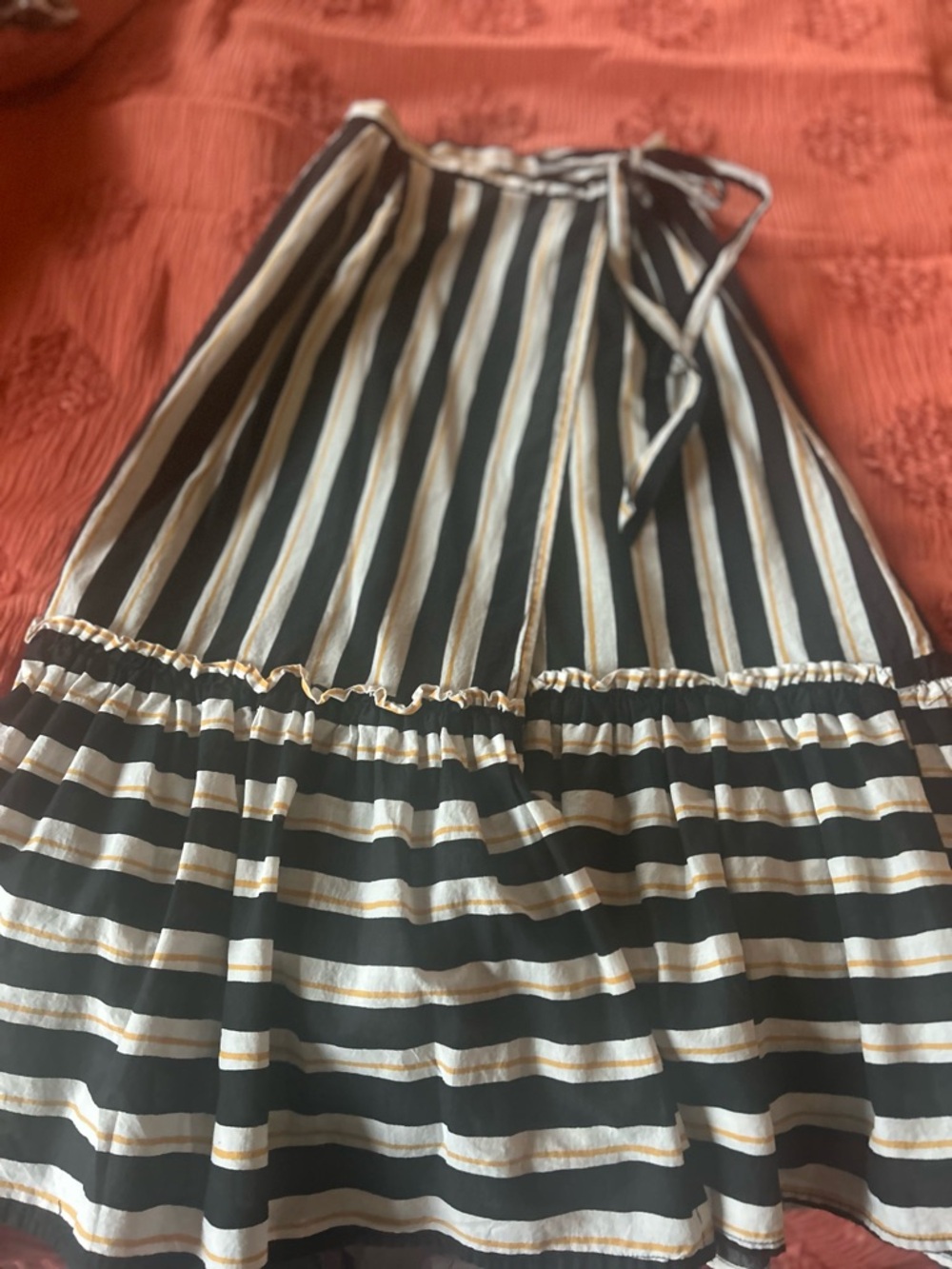 Who What Wear Black, White & Gold Striped Ruffle Midi Skirt
